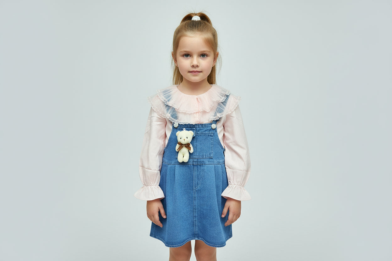 Denim Pinafore Dress with Pink Ruffled Blouse