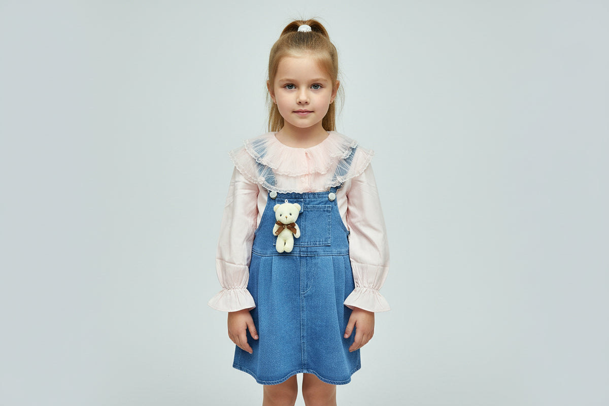 Girls denim pinafore dress with pink ruffled blouse – Girls Denim Pinafore Dress with Ruffled Blouse by House of TML