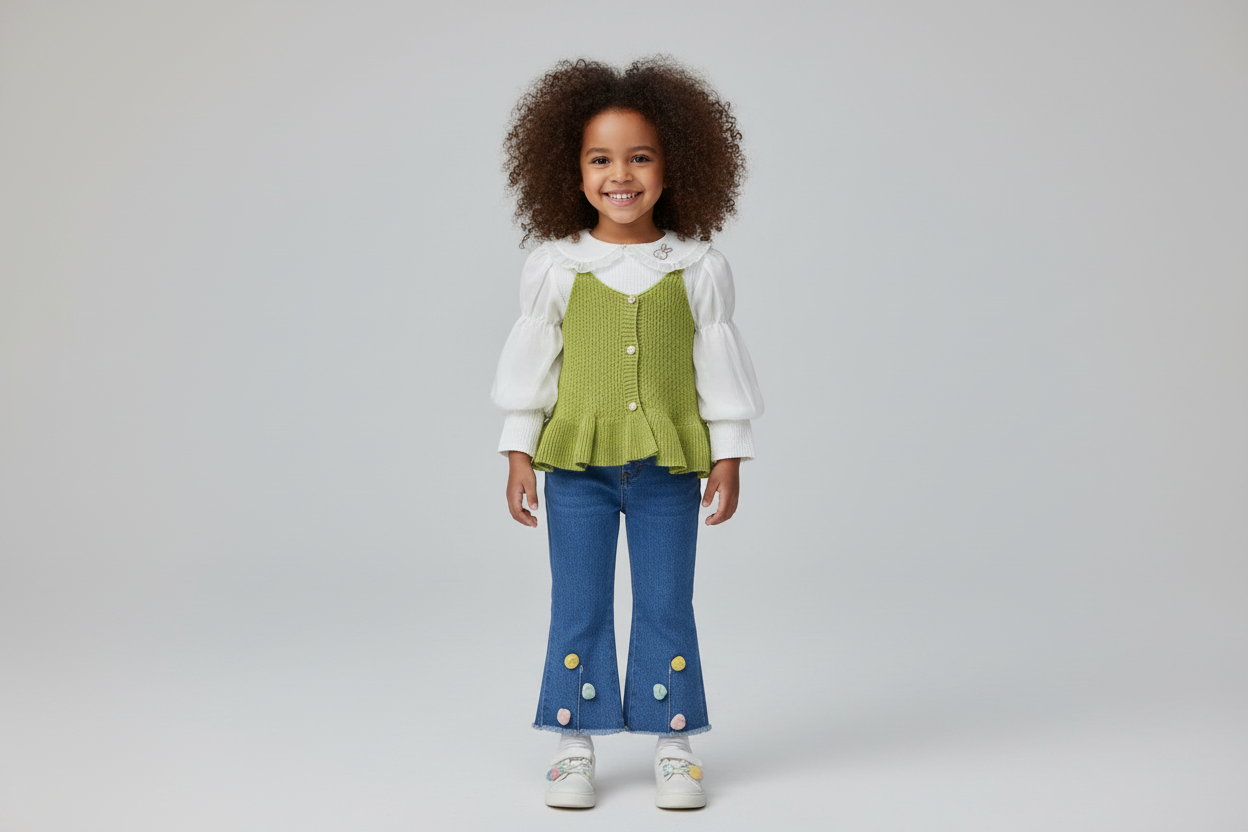 Green Knitted Vest, Bunny Collar Top & Embellished Jeans