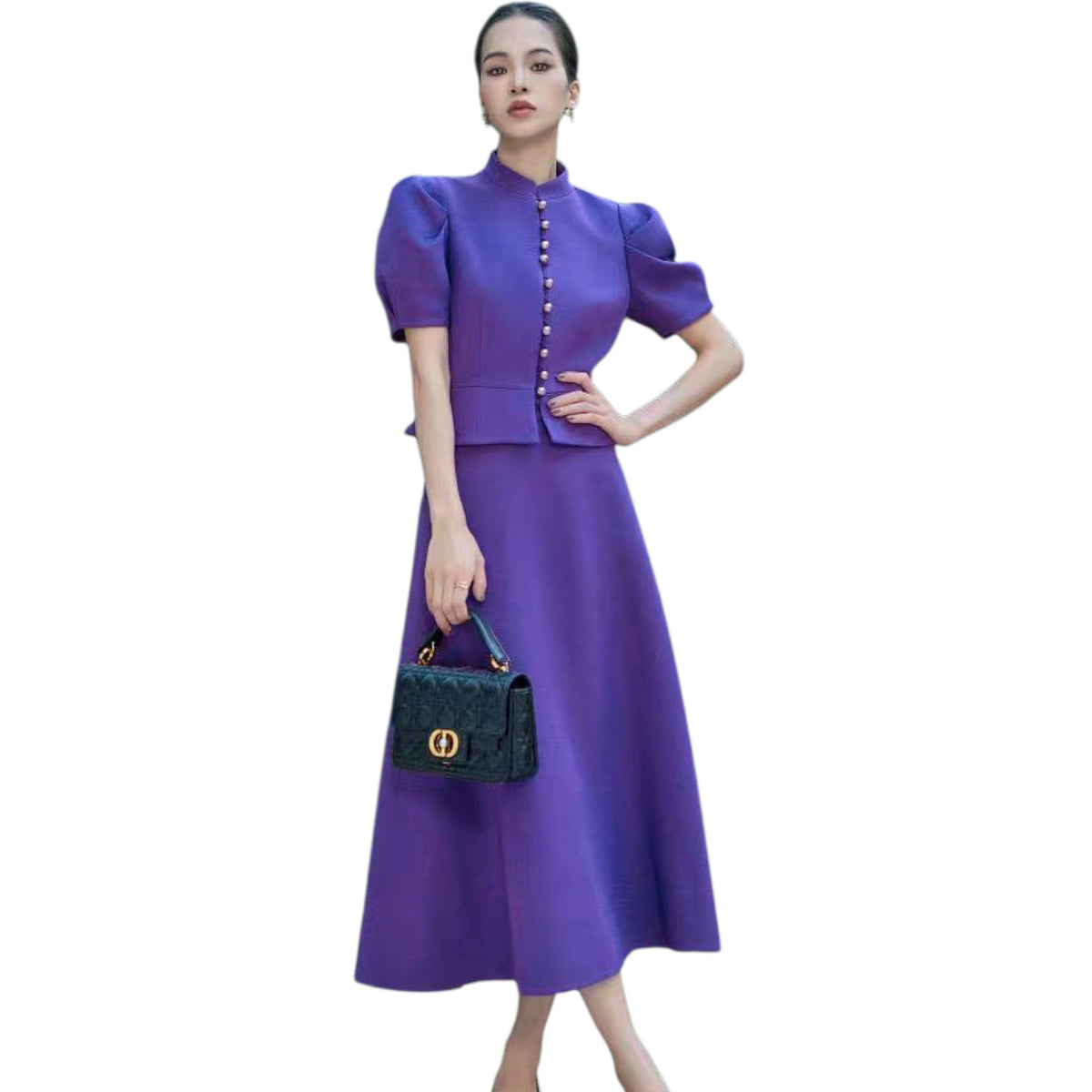 Purple puff-sleeve top and A-line midi skirt – Purple Puff Sleeve Two-Piece Set by House of TML