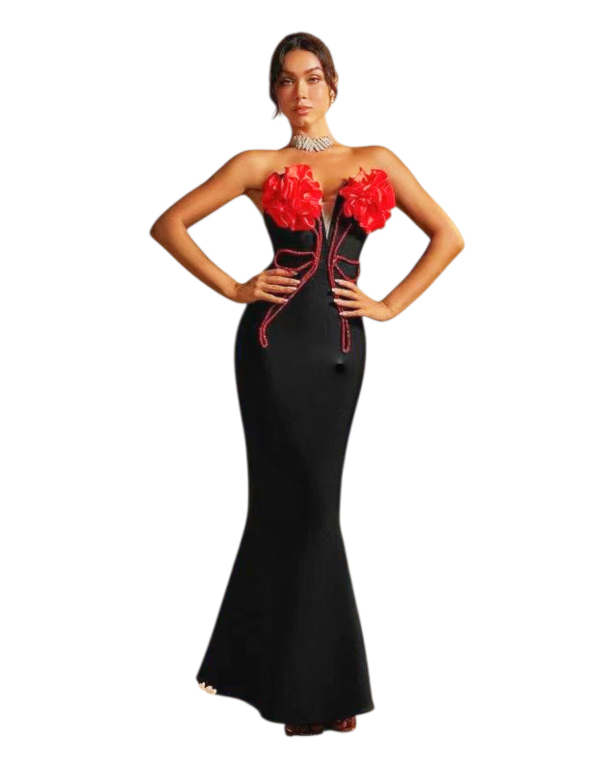 Black Mermaid Gown with Red Florals – strapless black mermaid gown with 3D red floral appliqué, view 2 of 4