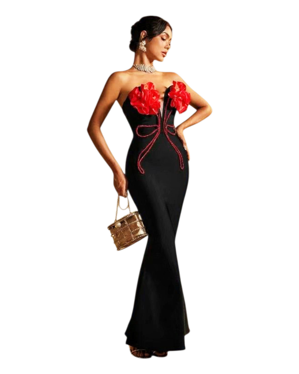 Strapless black mermaid gown with 3D red floral appliqué – Black Mermaid Gown with Red Florals by House of TML