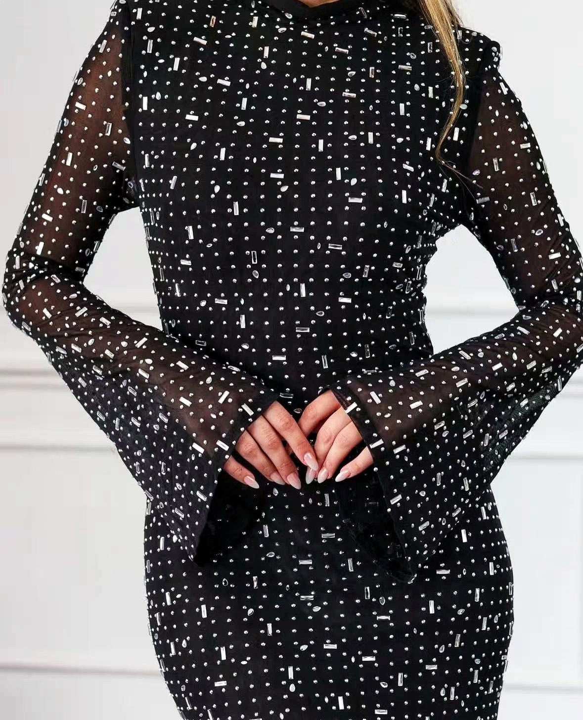 Tiara Black Stone Party Dress – black full-stone maxi party dress, view 2 of 2