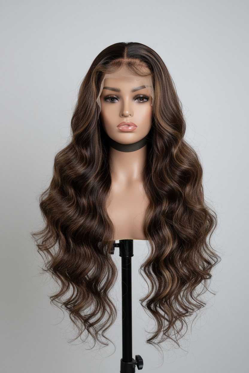 Brown lace wig with caramel highlights – Highlight Wave Wig by House of TML