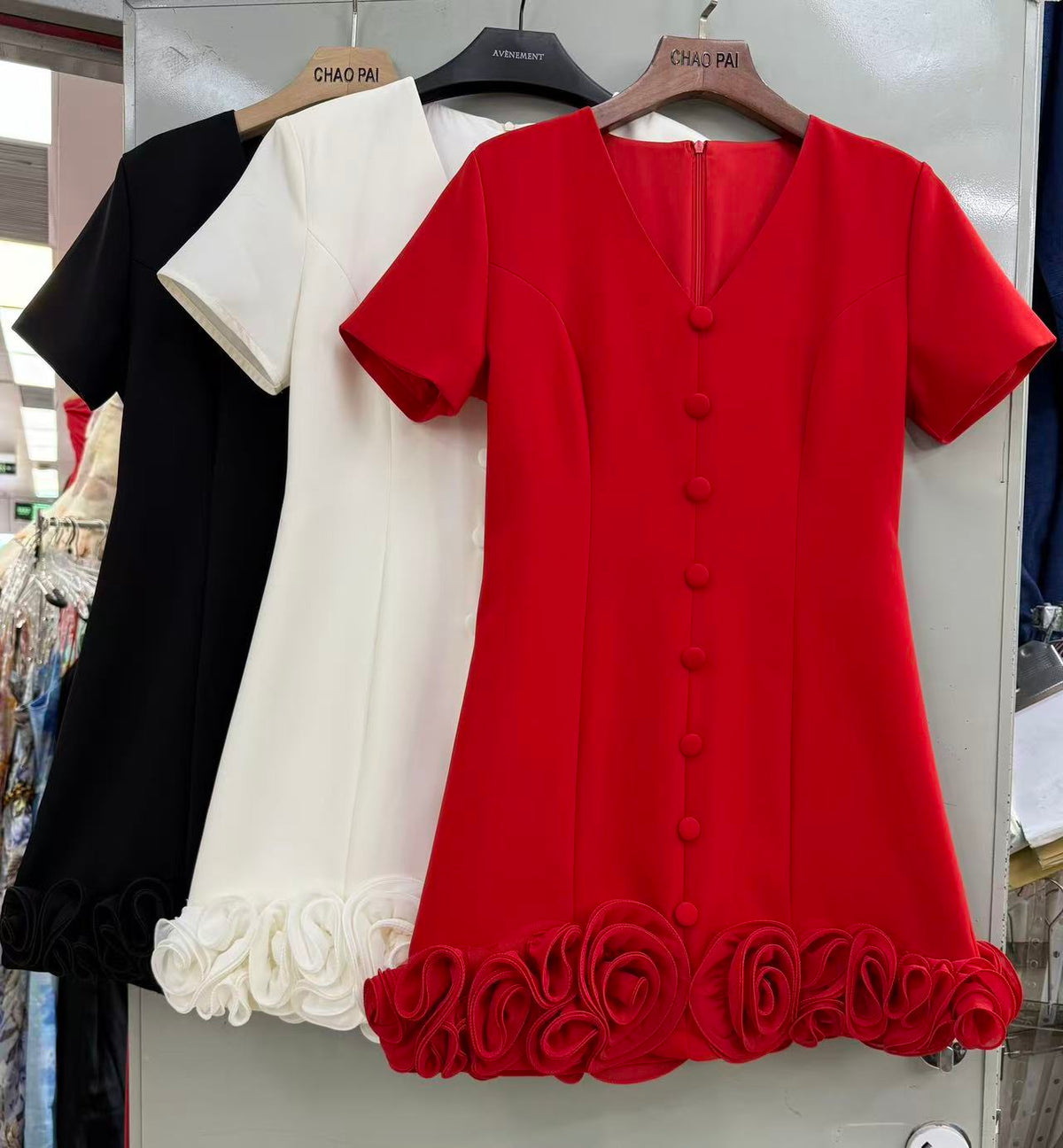 Red A-line mini dress with rosette detail – Rosette Bloom Mini Dress by House of TML
