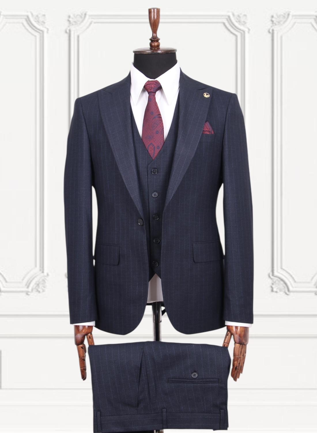 Midnight navy pinstripe three-piece suit – Midnight Pinstripe Executive Three-Piece Suit by House of TML