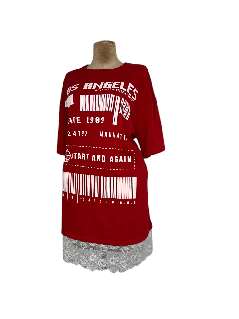 Red Barcode Shirt Dress – red polo shirt dress with text print, view 2 of 2