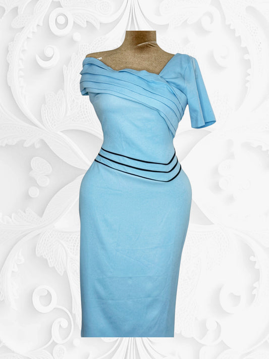 Stunning blue dress featuring chic black stripes