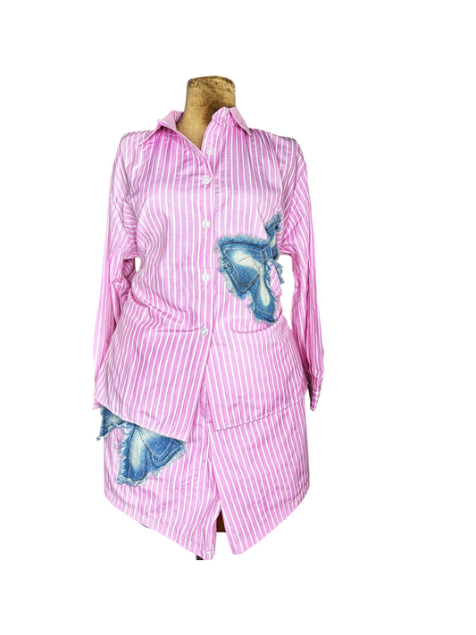 Pink and white stripped shirt with jean butterfly design