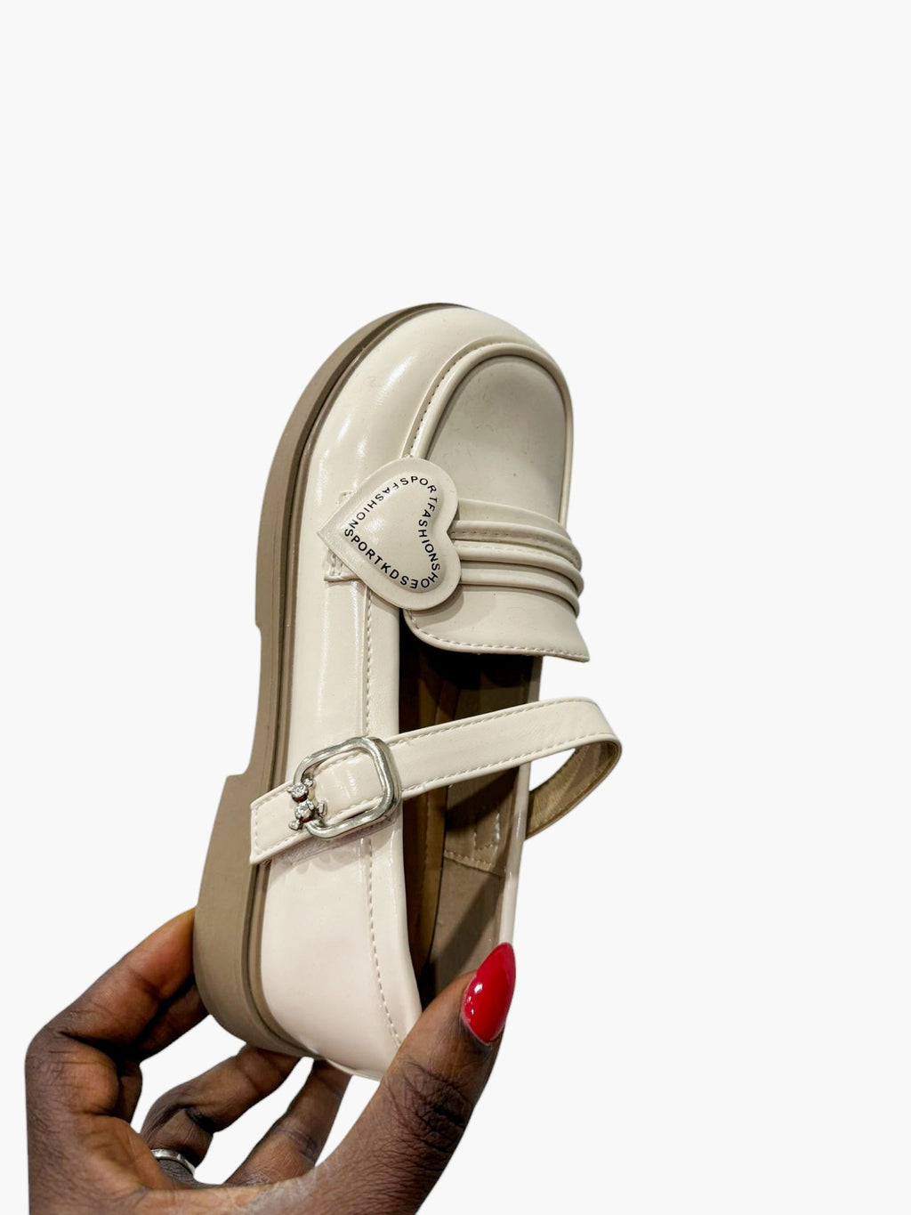 Girls' Cream Patent Flats with Heart Detail and Buckle Strap