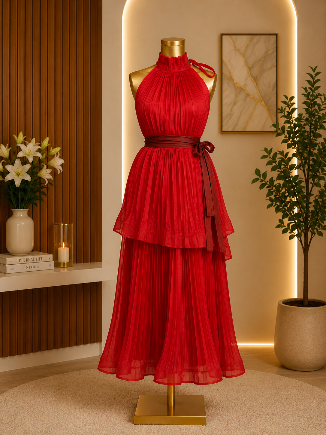 PLEATED HALTER MAXI DRESS