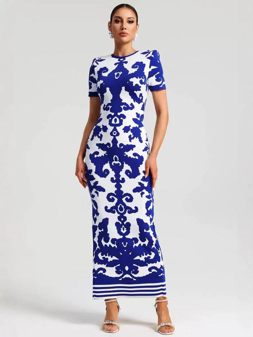 blue and white pattrened luxury evening dress