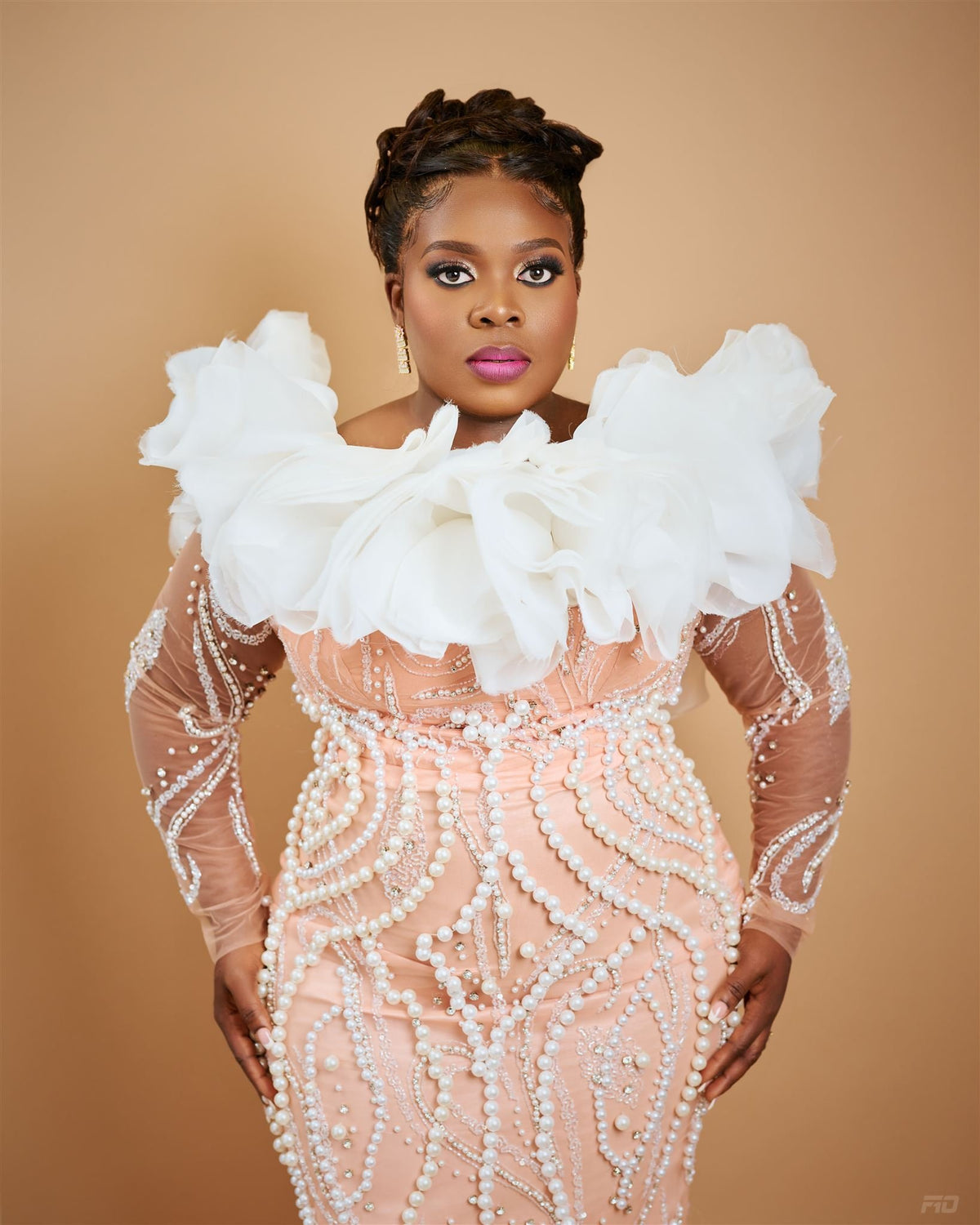 TML Bespoke 23-01 Beaded Dress – highly beaded peach bespoke dress, view 2 of 3