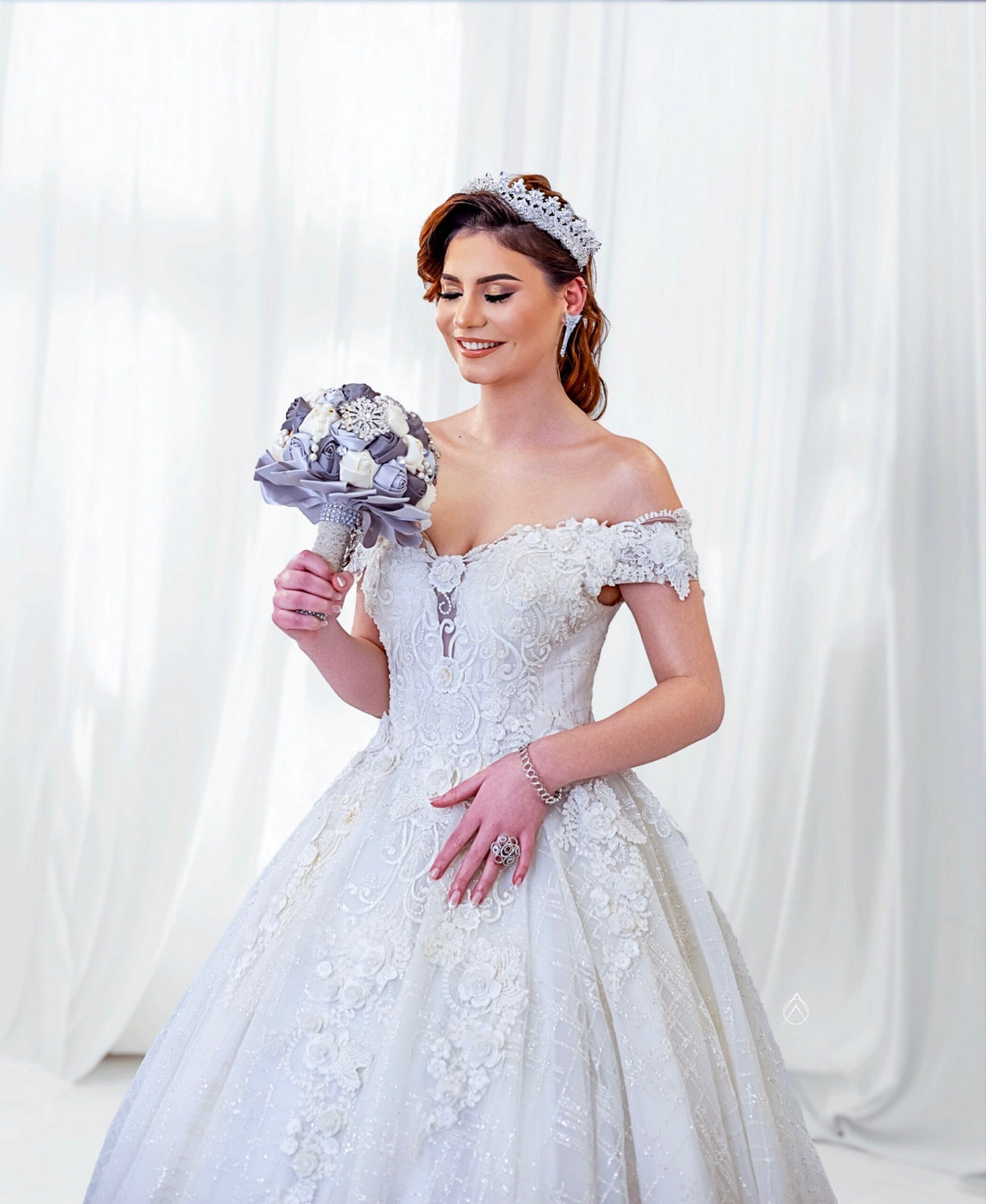 Eli Flowered Ball Dress – white flowered ball dress with glitter, view 4 of 11